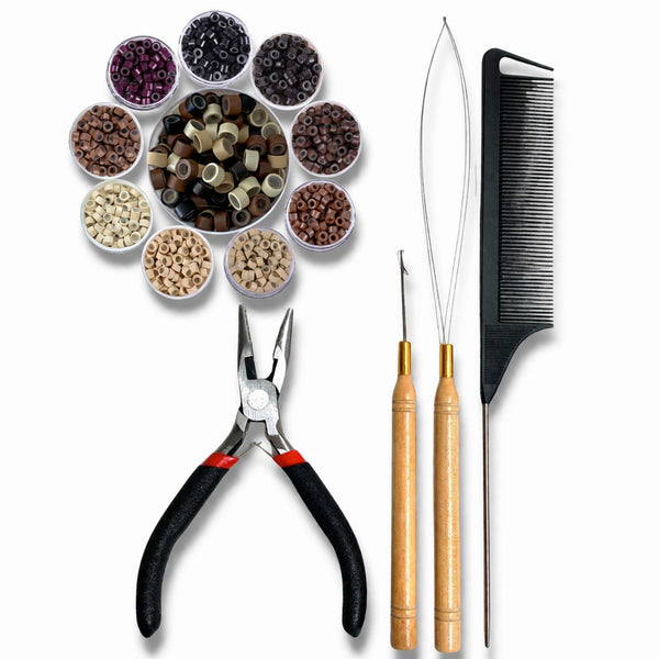 complete hair extension kit with micro beads tools pliers hook tool loop threader multi colour beads