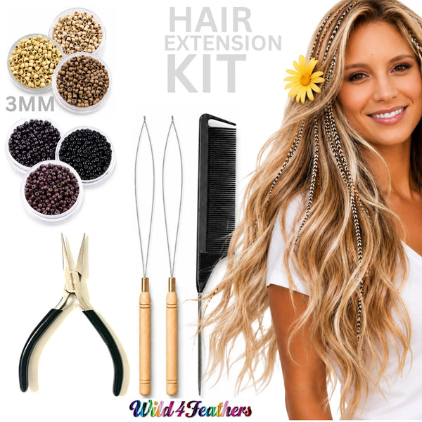 Hair extension kit with 3mm nano beads, two loop tool threaders, a black comb, and stainless steel pliers, created by Wild4Feathers brand