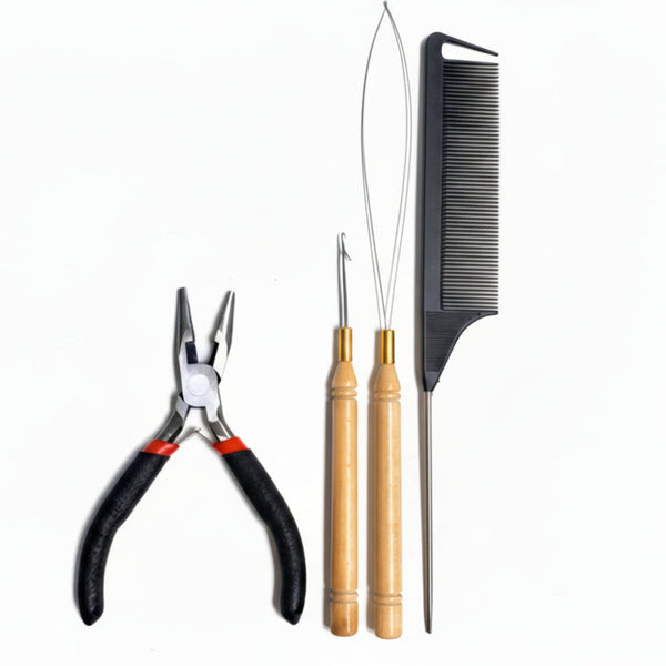 Complete Tool Kit for hair extensions and feather extension application on white background