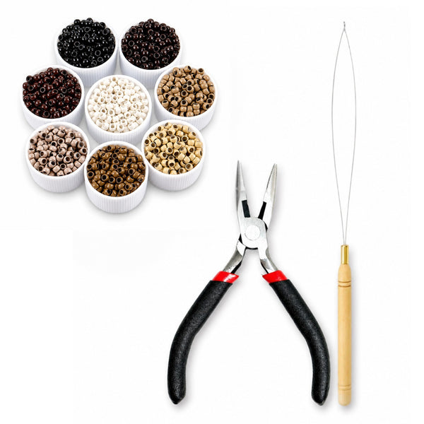 basic hair extensions tool kit of hair pliers ,a loop tool threader  and 3mm size nano beads for attaching extensions into hairstyles