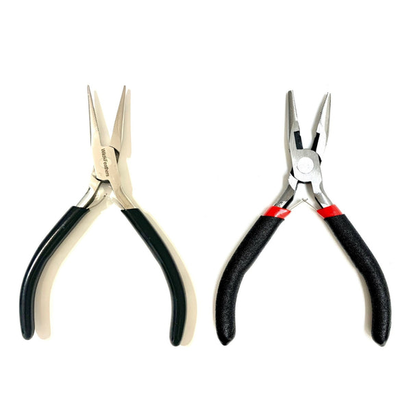 Two pairs of hair extension plier hair tools labeled 'Carbon Steel' and 'Stainless Steel' with text explaining their differences