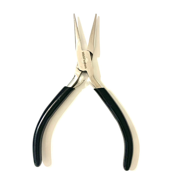 Pair of stainless steel hair extension pliers with comfortable grip black handles