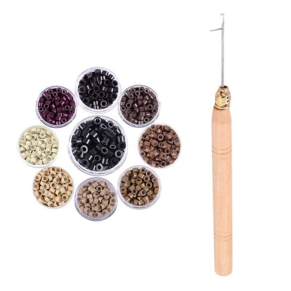 Hair Extension tool with Wooden handle , 5mm size hair beads on a white background