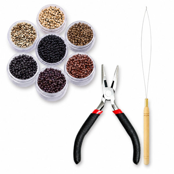 Set of hair extension tools including pliers , loop threader hair tool and size 3mm nano beads for attaching hair extensions into hairstyles
