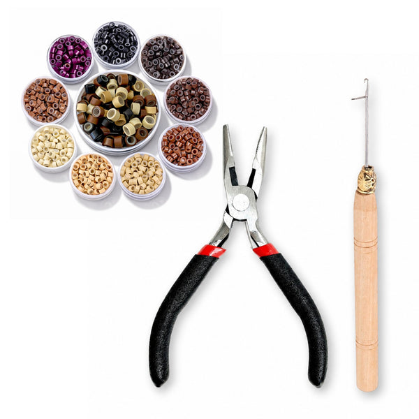 hair extension attachment tool kit including carbon steel pliers, a hook tool needle, and size 5mm micro-beads
