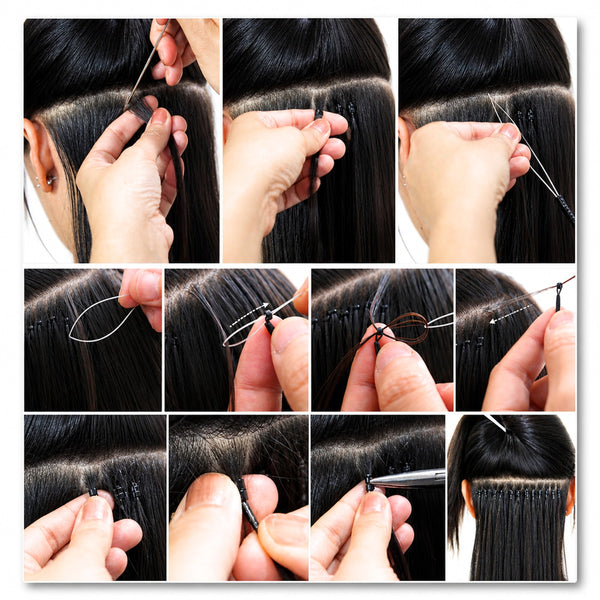 Step-by-step process of hair extension application with close-up shots of hands, loop tools, and hair extension beads