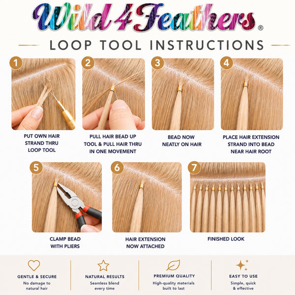 Step-by-step guide on how to install microbead hair extensions with a hair extension loop tool threader by Wild4Feathers branding.