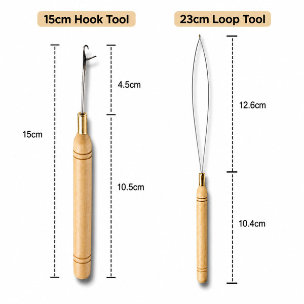 Measurement chart of a 15cm hook tool and a 23cm loop tool on a white background.