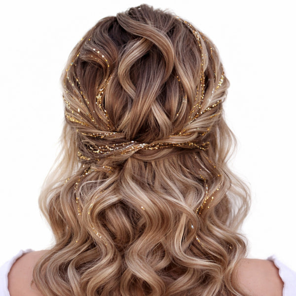 Close up female formal long hairstyle  with hologram cosmetic gold glitter designed in hair showing sparkle and shine