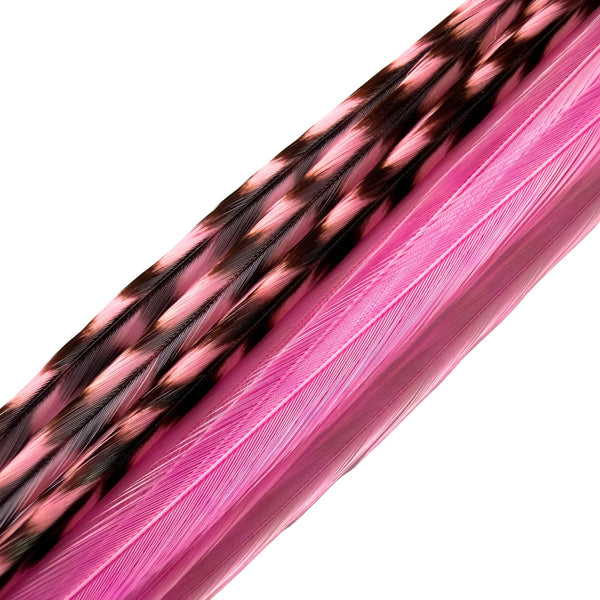 Hot pink grizzly mix feather hair extensions close-up, natural pattern real feather strands for hair styling