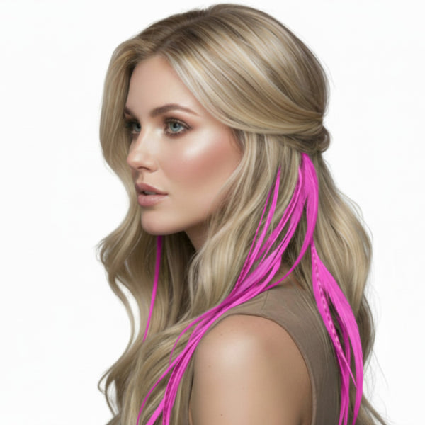 Woman with long blonde hair featuring hot pink solid feather hair extensions for feather hairstyling