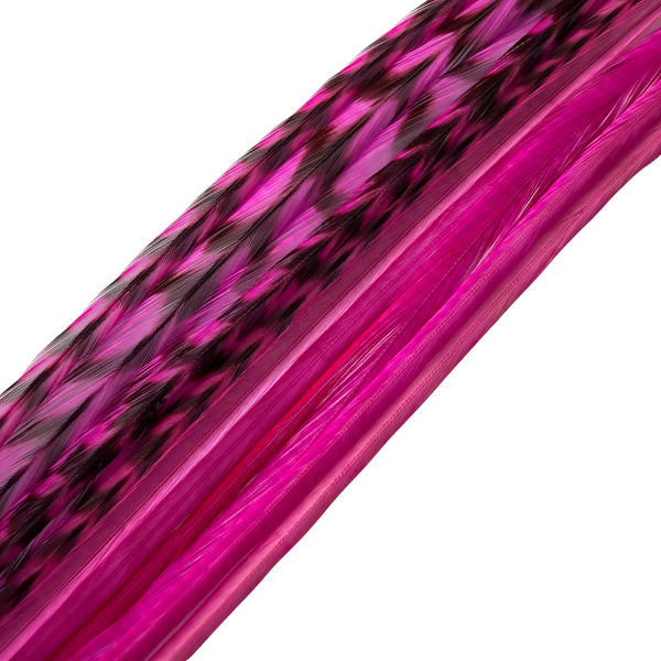 Magenta pink grizzly mix feather hair extensions close-up, natural pattern real feather strands for hair styling