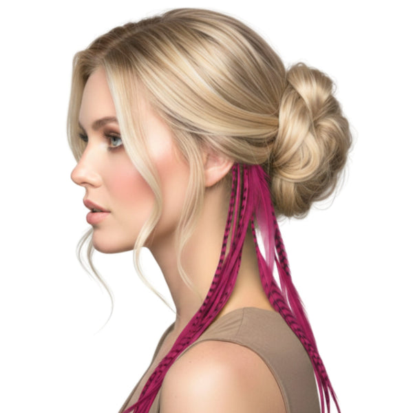 Woman with styled blonde hair featuring long length pink magenta grizzly solid mix feather hair extensions 