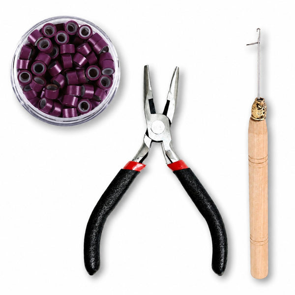 Set of hair extension attachment tools for microbead hair extension applications , including hair plier, hook tool, 5mm Burgundy #15 beads 
