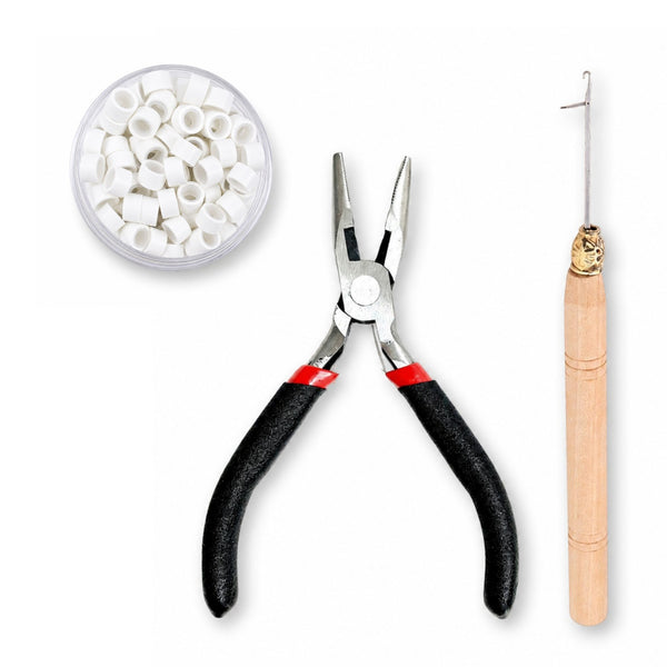 Set of hair extension attachment tools for microbead hair extension applications , including hair plier, hook tool, 5mm Platnium blonde beads 