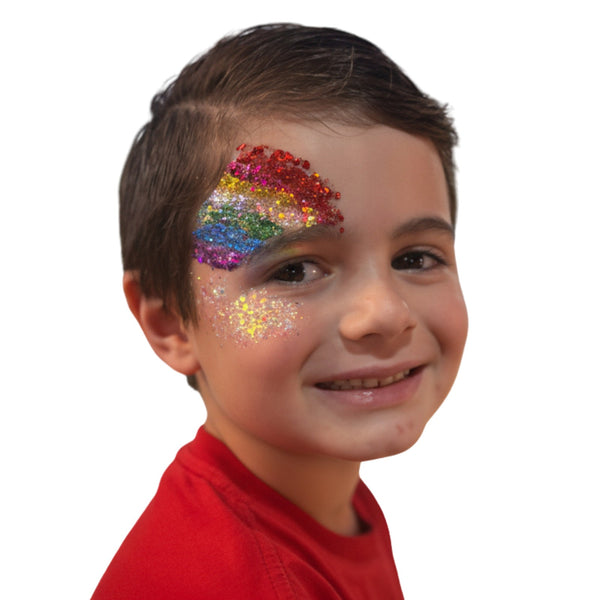 Mobile kids party entertainment services styling a glittery rainbow face paint across a party guests face