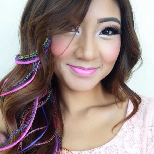 Rainbow feather hair extensions multicolor real natural feathers in brown hair, vibrant pink purple blue tones for festival, salon and boho hair styling