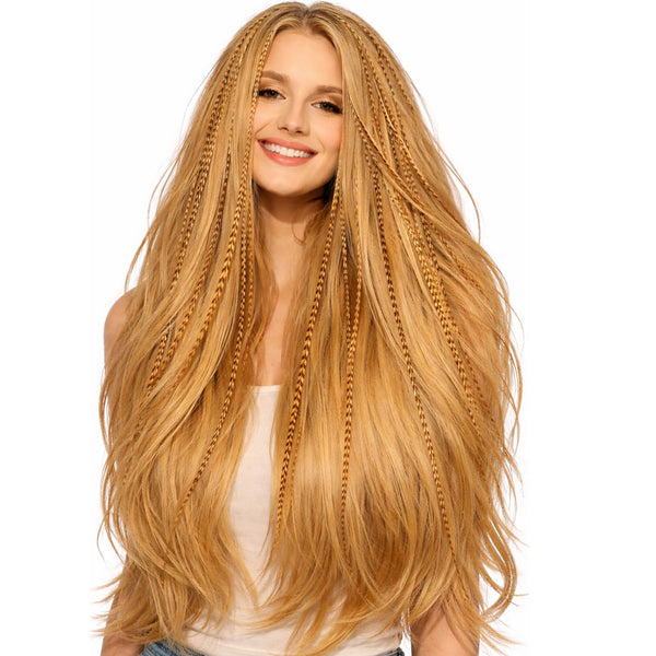 long blonde hair with natural blonde brown caramel grizzly feather hair extensions , a natural boho hairstyle