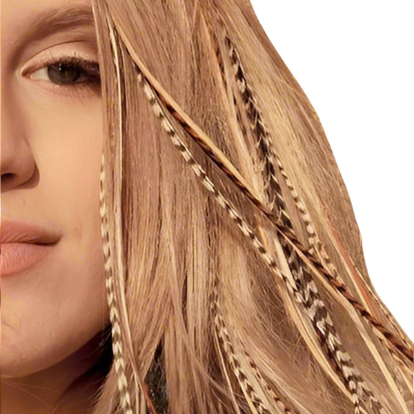 Close-up of woman with blonde hair, wearing blonde natural feather hair extensions with real grizzly pattern 