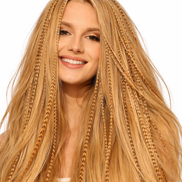long blonde hair with natural blonde brown caramel grizzly feather hair extensions natural boho hairstyle