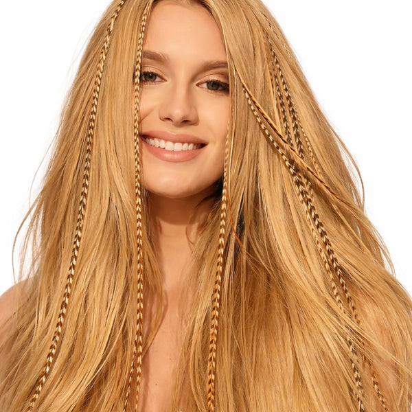 long blonde hair with natural blonde brown caramel feather hair extensions natural boho hairstyle