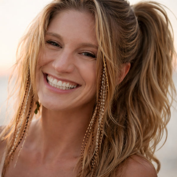 natural feather hair extensions mixed length natural regular width mixed feathers in blonde hair