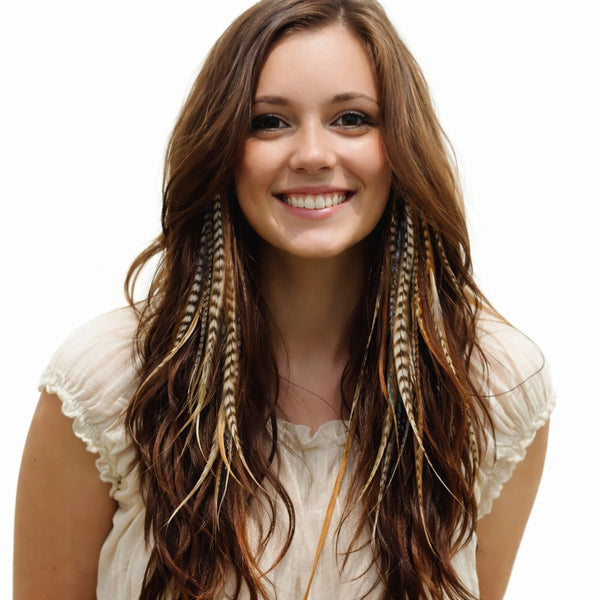natural feather hair extensions 20 piece full pack super long natural wide and skinny mixed feathers in brown hair