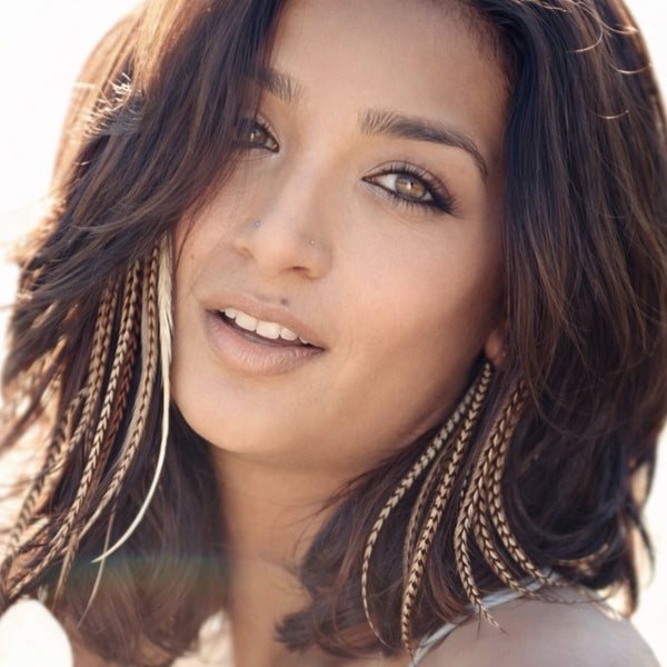 natural feather hair extensions 20 piece full pack medium long natural wide and skinny mixed feathers in brown hair