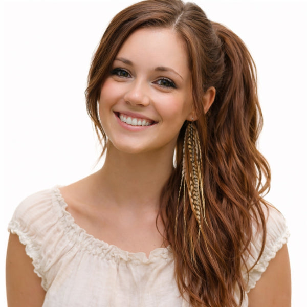 natural feather hair extensions mixed length natural wide and skinny mixed feathers in brunette hair