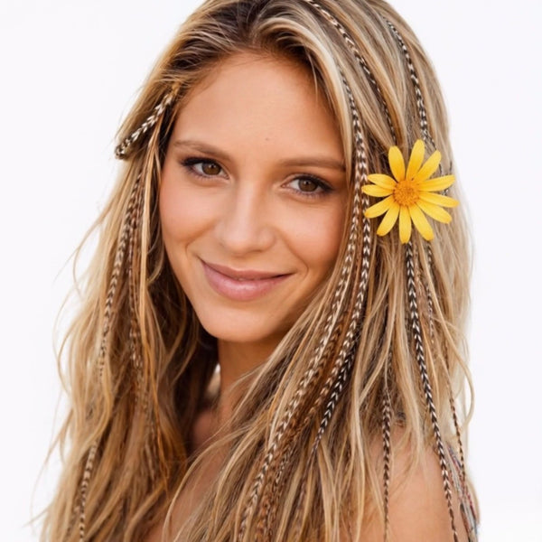 Blonde feather hair extensions in blonde hair with natural grizzly mix feathers by Wild4Feathers