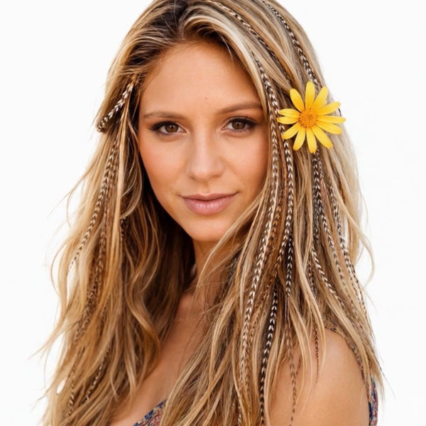 Natural mix grizzly feather hair extensions in long blonde hair by Wild4Feathers
