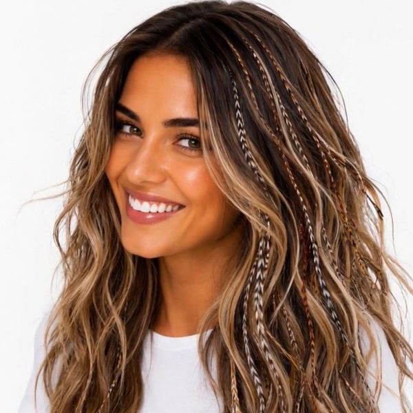 Natural feather hair extensions grizzly  mix in long brunette hair by Wild4Feathers brand