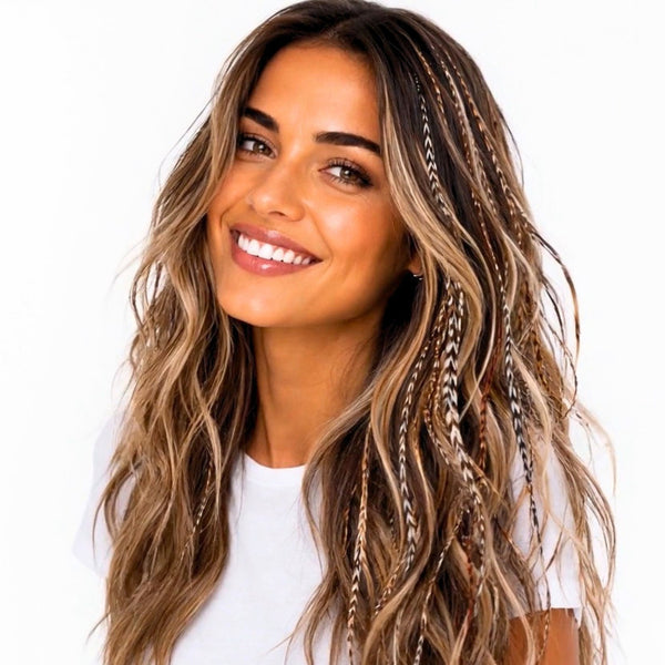Natural feather hair extensions grizzly  mix in long brunette hair by Wild4Feathers brand