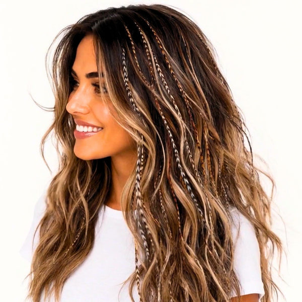Natural feather hair extensions grizzly  mix in long brunette hair by Wild4Feathers brand