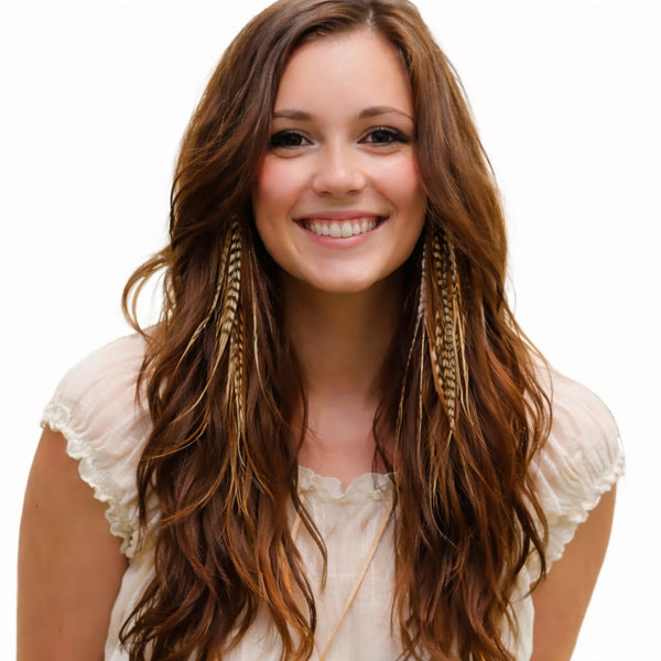 medium length feather hair extensions naturals mix wide and skinny grizzly brown brunette boho hairstyle by wild4feathers