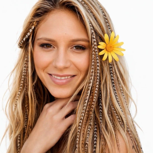 natural mix feather hair extensions in blonde hair