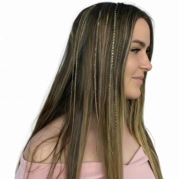 Woman wearing natural feather hair extensions mixed grizzly brown blonde boho hair feathers wild4feathers