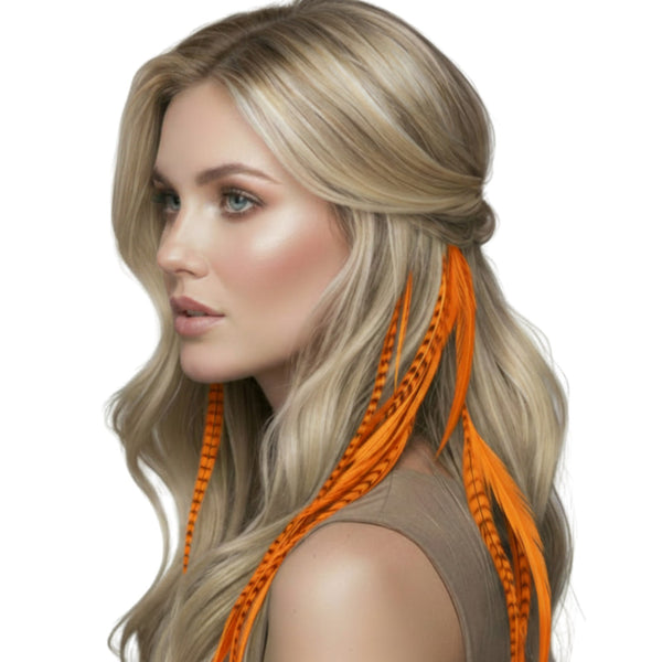 Woman with long blonde hair featuring orange feather hair extensions on a white background