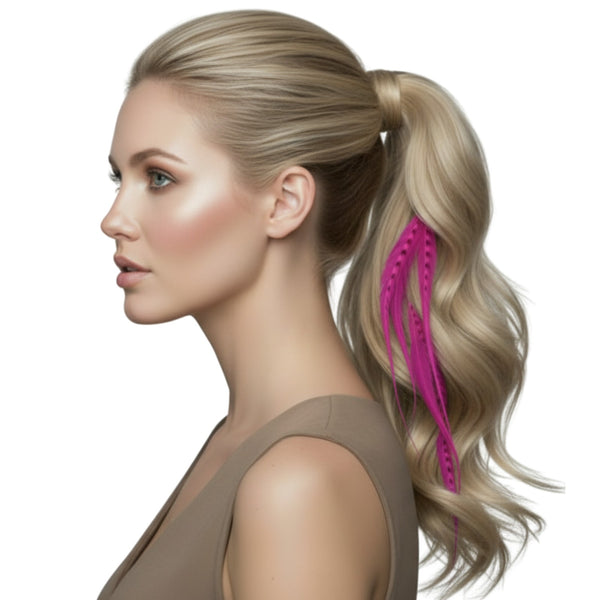 Woman with a ponytail featuring a bundle of pink magenta grizzly mix feather hair extensions for hairstyling