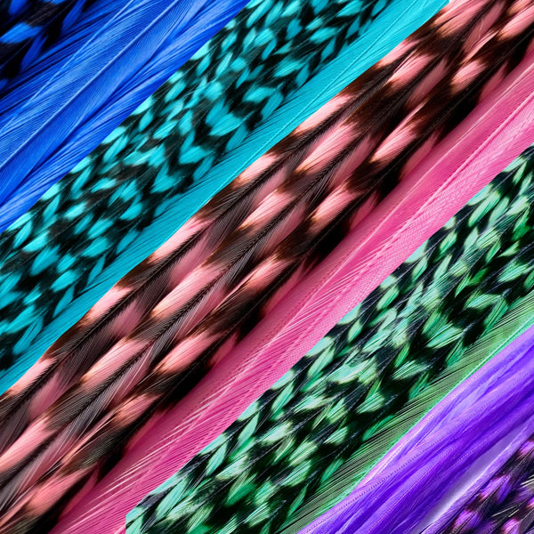 close up of blue pink aqua purple solid and grizzly feather hair extensions in regular width ,real striped feathers for  feather hairstyling