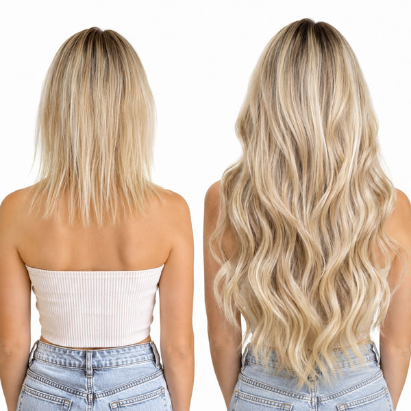 Before and after platinum blonde hair extensions showing thin shoulder length hair transformed into long voluminous blonde waves