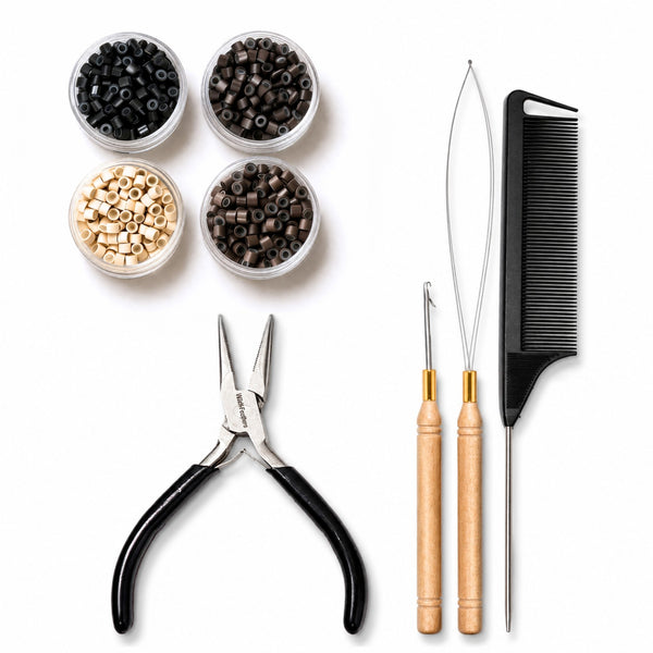 premium hair extension tool kit including stainless steel hair pliers, hook tool,  loop tool threader, a black comb and 4mm size micro-beads for attaching hair extensions to hairstyles