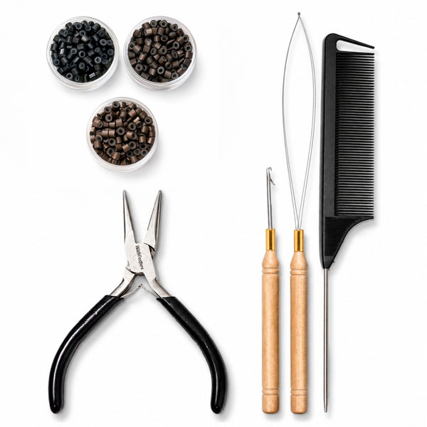 premium hair extension tool kit including stainless steel hair pliers, hook tool,  loop tool threader, a black comb and 4mm size dark mix micro-beads for attaching hair extensions to hairstyles