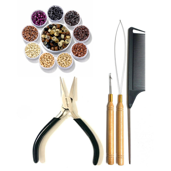 Hair extension tool kit including stainless steel hair pliers, hook tool,  loop tool threader, a black comb and 5mm size hair micro-beads for attaching hair extensions and feather hair extensions to hairstyles