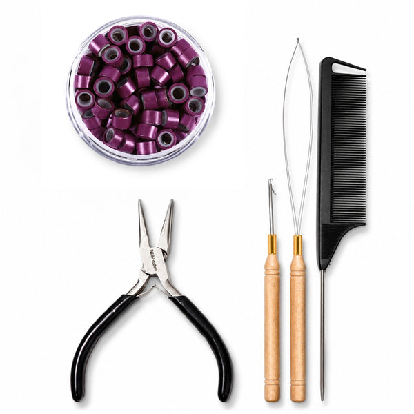 premium hair extension tool kit including stainless steel hair pliers, hook tool,  loop tool threader, a black comb and 5mm size burgundy #15 micro-beads for attaching hair extensions to hairstyles
