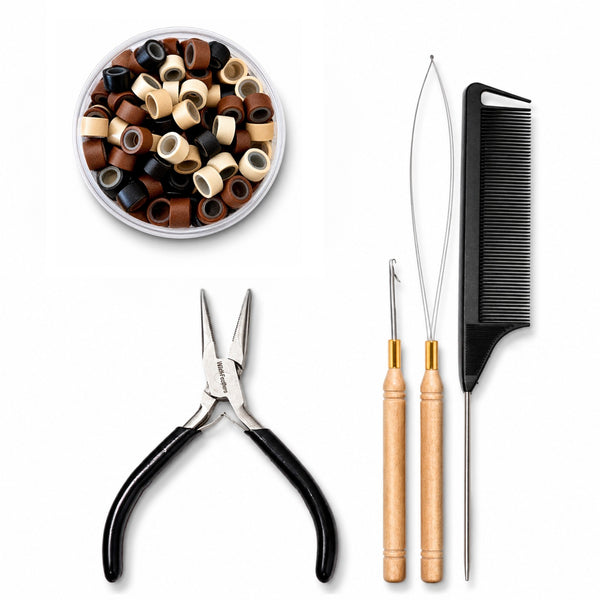 premium hair extension tool kit including stainless steel hair pliers, hook tool,  loop tool threader, a black comb and 5mm size multi-mix micro-beads for attaching hair and feather hair extensions to hairstyles