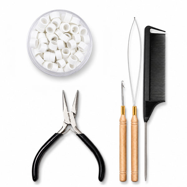 premium hair extension tool kit including stainless steel hair pliers, hook tool,  loop tool threader, a black comb and 5mm size platinum blonde #60 micro-beads for attaching hair and feather hair extensions to hairstyles