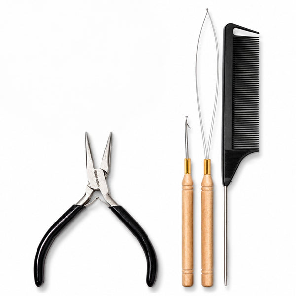 premium hair extension tool kit including stainless steel hair pliers, hook tool,  loop tool threader, a black comb with no beads
