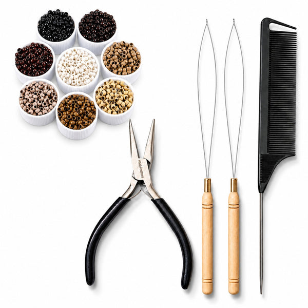 Set of hair extension attachment tools for nano hair extension applications , including stainless steel pliers, 3mm size beads in 8 shades, and black rat-tail comb for attaching hair extensions and feather hair extensions into hairstyles