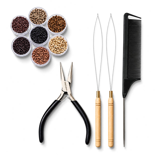 Set of hair extension attachment tools for nano hair extension applications , including stainless steel pliers, 3mm size beads, and black rat-tail comb for attaching hair extensions and feather hair extensions into hairstyles
